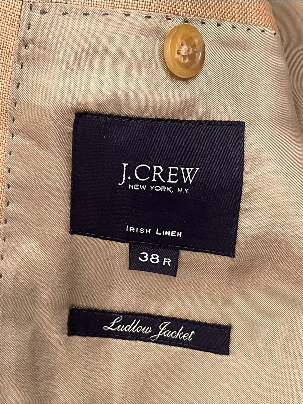 J CREW Ludlow Irish Linen Camel Tan Suit 38R Pants 33 x 27.5 with a 2-Inch Hem